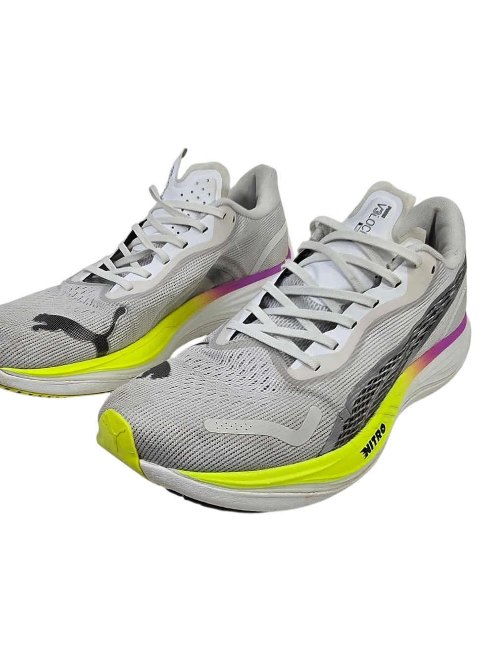 Puma White Running Shoes with Neon Yellow and Pink Accents. Size 13